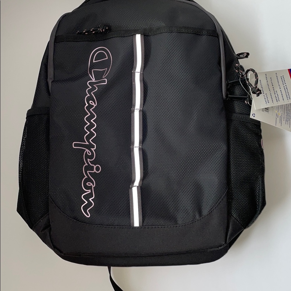 NWT Champion Black Backpack with Reflective Strip and Pink Trim - Picture 3 of 4